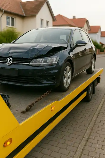 Ein defektes Fahrzeug wird von einem Abschleppwagen abgeholt, um es zum Autoankauf in Salzgitter zu bringen.