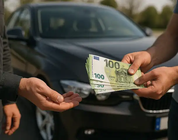 Ein Kunde erhält beim Autoankauf in Salzgitter Bargeld für sein Fahrzeug.